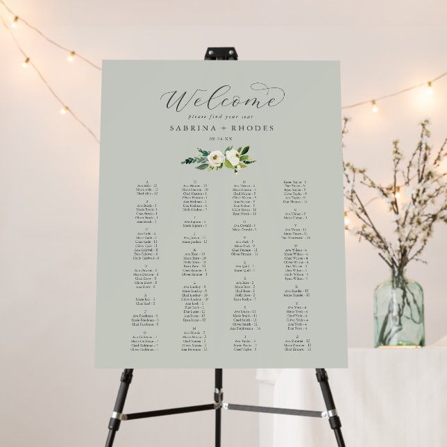 Elegant White Floral | Sage Mint Seating Chart Foam Board (In Situ (Stand))