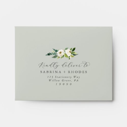 Elegant White Floral Sage Mint Self_Addressed RSVP Envelope