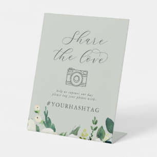 Elegant White Floral Sage Mint Share The Love Pedestal Sign