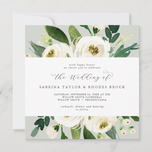 Elegant White Floral  Sage Mint Square Wedding Invitation