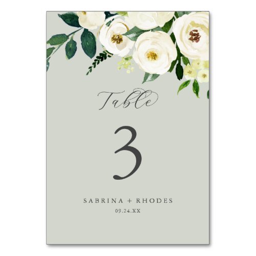 Elegant White Floral  Sage Mint Table Number