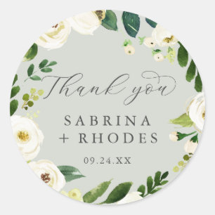 Elegant White Floral Sage Mint Thank You Favor Classic Round Sticker