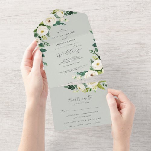 Elegant White Floral  Sage Mint Wedding All In One Invitation