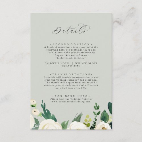 Elegant White Floral  Sage Mint Wedding Details Enclosure Card