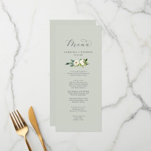 Elegant White Floral  Sage Mint Wedding Dinner Menu