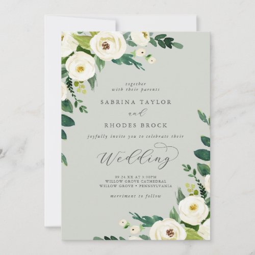 Elegant White Floral  Sage Mint Wedding Invitation