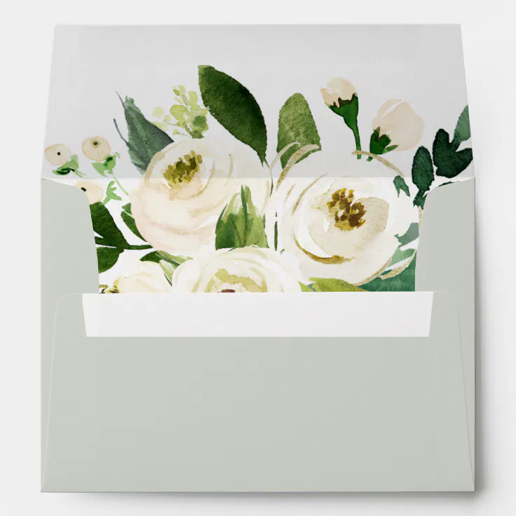 Elegant White Floral Sage Mint Wedding Invitation Envelope | Zazzle