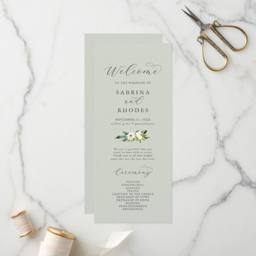 Elegant White Floral  Sage Mint Wedding Program
