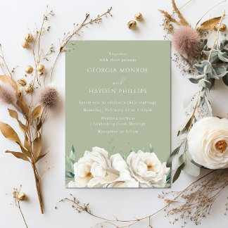 Elegant White Floral Sage Wedding Invitation