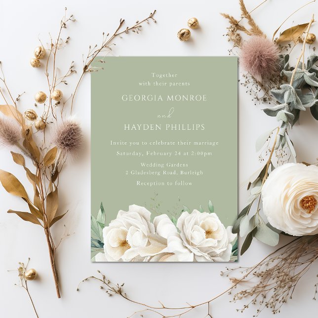 Elegant White Floral Sage Wedding Invitation (Creator Uploaded)