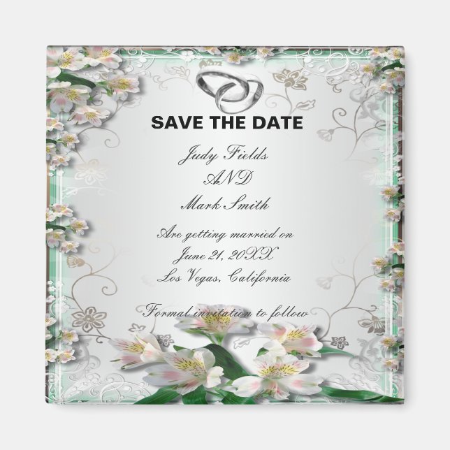 Elegant White Floral Save The Date Magnet (Front)