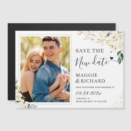 Elegant White Floral Save the New Date Magnet