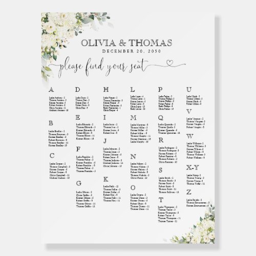 Elegant White Floral Seating Chart Foam Board
