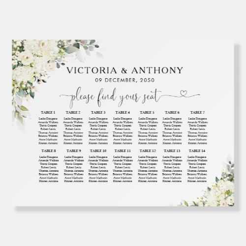 Elegant White Floral Seating Chart Foam Board