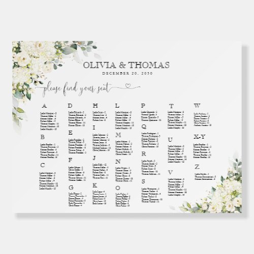 Elegant White Floral Seating Chart Foam Board