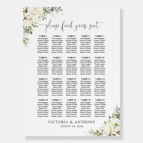 Elegant White Floral Seating Chart Foam Board
