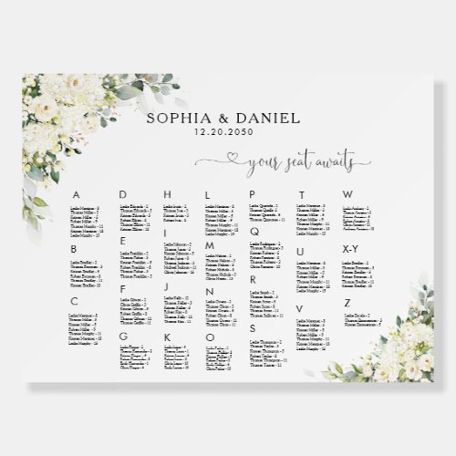 Elegant White Floral Seating Chart Foam Board