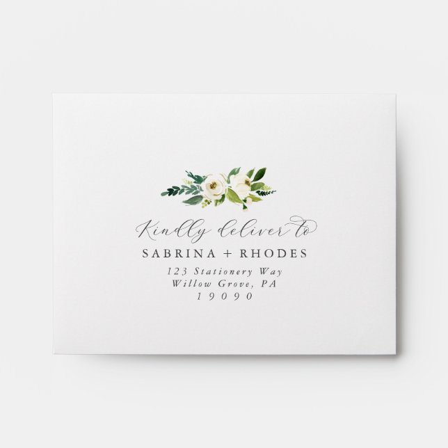 Elegant White Floral Self-Addressed RSVP Envelope (Front)