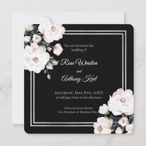 Elegant White Floral Silver Frame Black Wedding Invitation