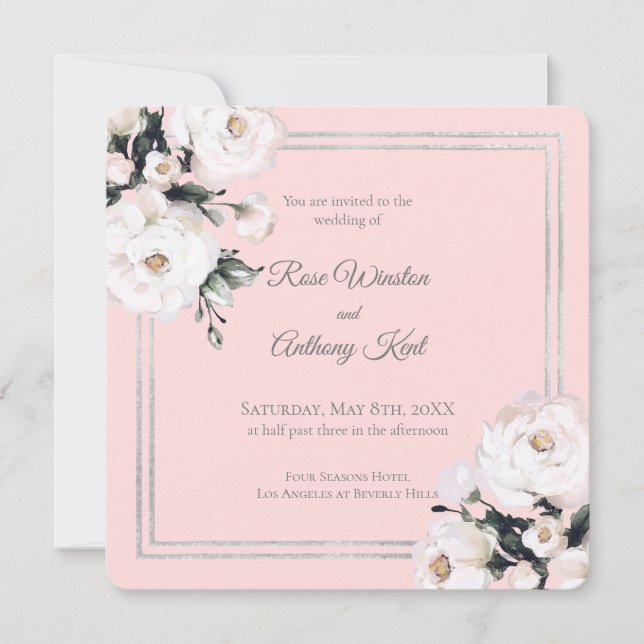 Elegant White Floral Silver Frame Pink Wedding  Invitation (Front)