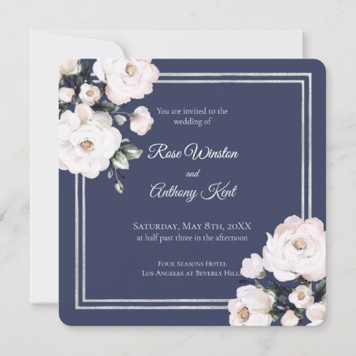 Elegant White Floral Silver Frame Purple Wedding Invitation