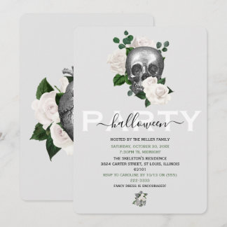 Elegant White Floral Skull Adult Halloween Party Invitation