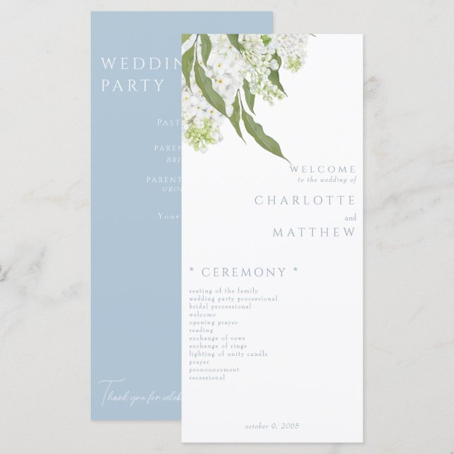 Elegant White Floral Sky Blue Wedding Program (Front/Back)
