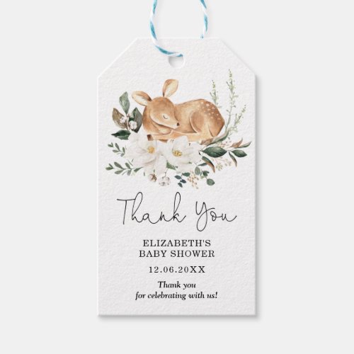 Elegant White Floral Sleeping Forest Deer Baby Gift Tags