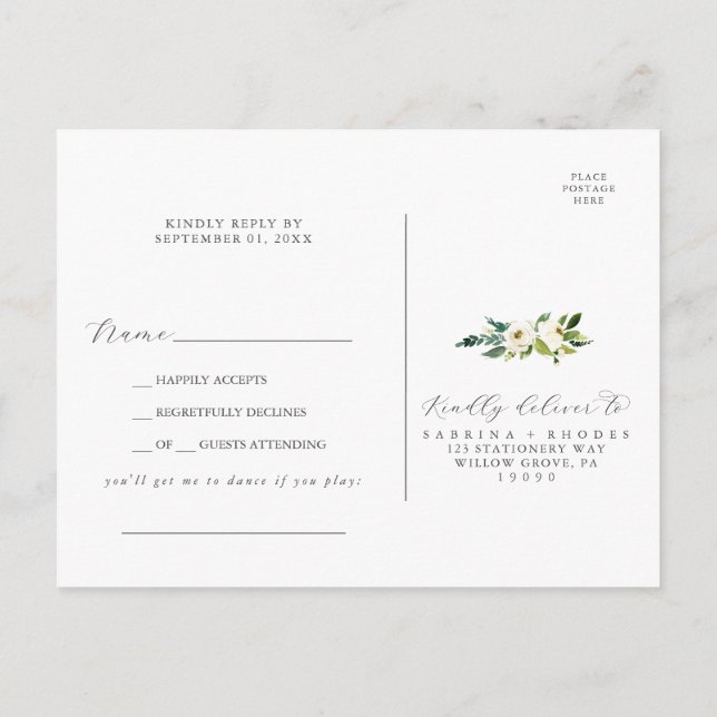 Elegant White Floral Song Request RSVP Postcard (Back)