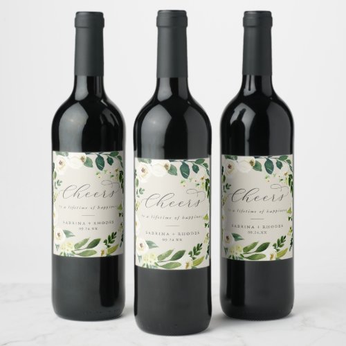 Elegant White Floral  Sparkling Wine Cheers Weddi Wine Label