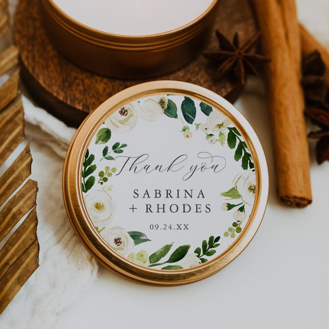 Elegant White Floral Thank You Wedding Favor Classic Round Sticker (Creator Uploaded)