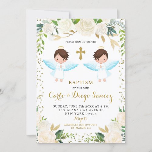 Elegant White Floral Twin Boy Baptism Invitation