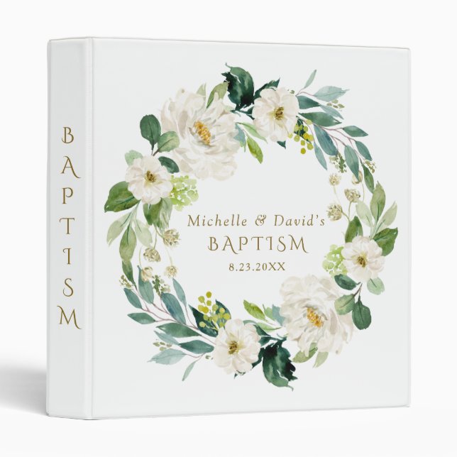 Elegant White Floral Twins Baptism Photo Album 3 Ring Binder (Front/Spine)