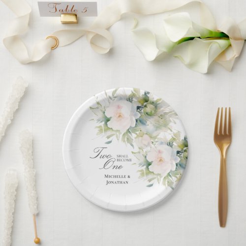 Elegant White Floral Two Become One Bible Wedding  Paper Plates