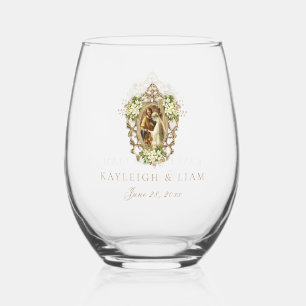 Elegant White Floral Virgin Mary Catholic Wedding Stemless Wine Glass