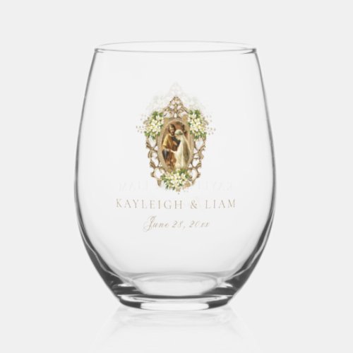 Elegant White Floral Virgin Mary Catholic Wedding Stemless Wine Glass