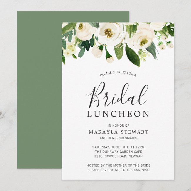 Elegant White Floral Watercolor Bridal Luncheon Invitation