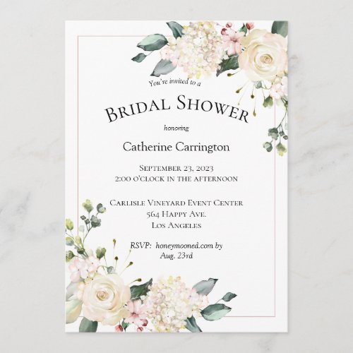 Elegant White Floral Watercolor Bridal Shower  Invitation