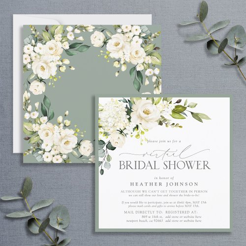 Elegant White Floral Watercolor Virtual Shower Invitation