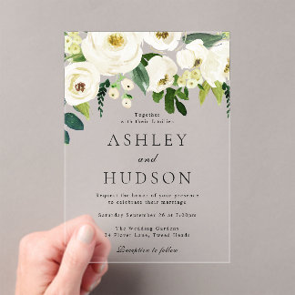 Elegant White Floral Wedding  Acrylic Invitations