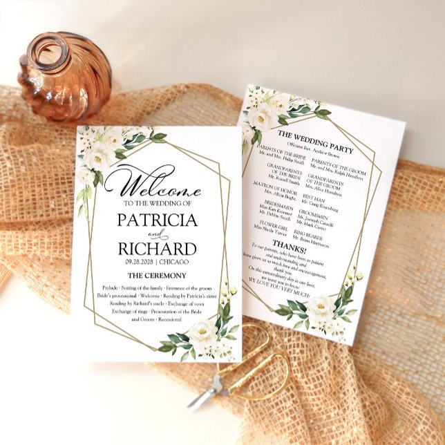Elegant White Floral Wedding Ceremony Program Card (Creator Uploaded)