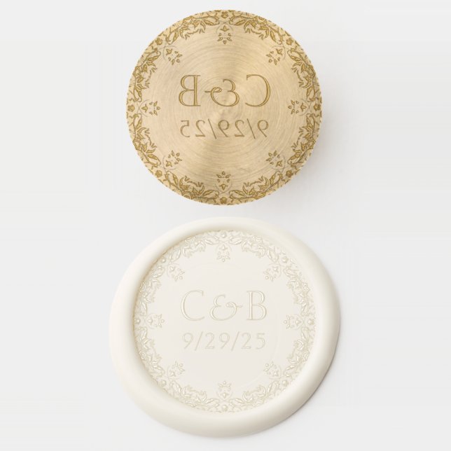 Elegant White Floral Wedding Couple Monogram Wax Seal Stamp (Stamped)