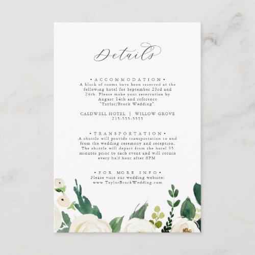 Elegant White Floral Wedding Details Enclosure Card