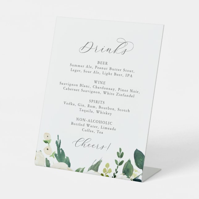 Elegant White Floral Wedding Drinks Menu Sign (Front)