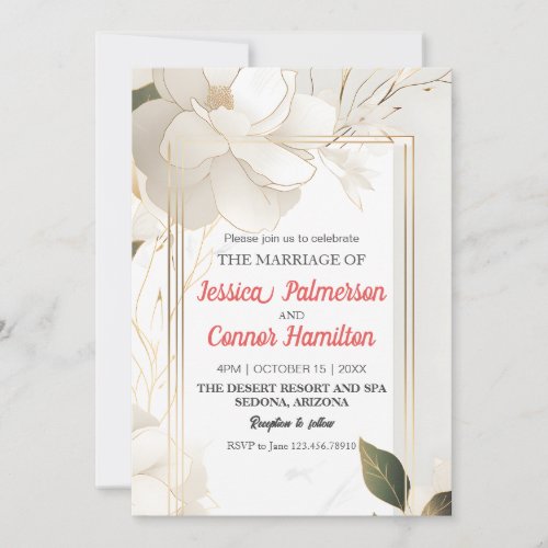 Elegant White Floral Wedding Gold Frame Watercolor Invitation