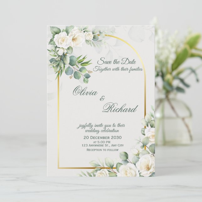 Elegant White Floral Wedding Invitation  (Standing Front)