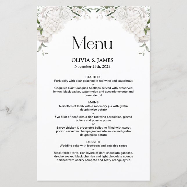 Elegant White Floral Wedding Menu (Front)