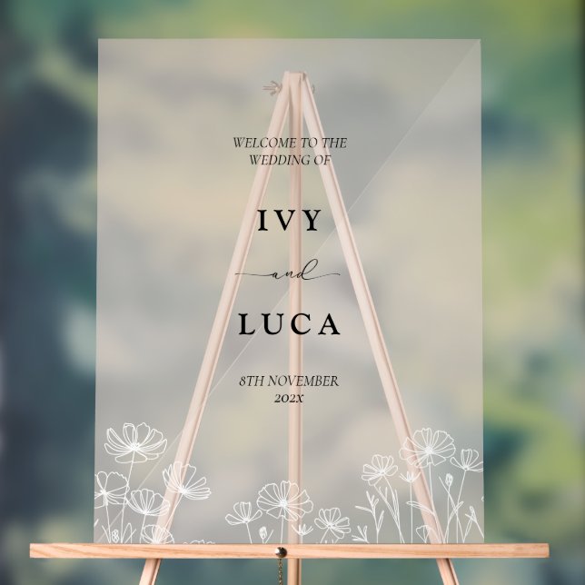 Elegant White Floral Wedding Names Acrylic Sign (Neutral)