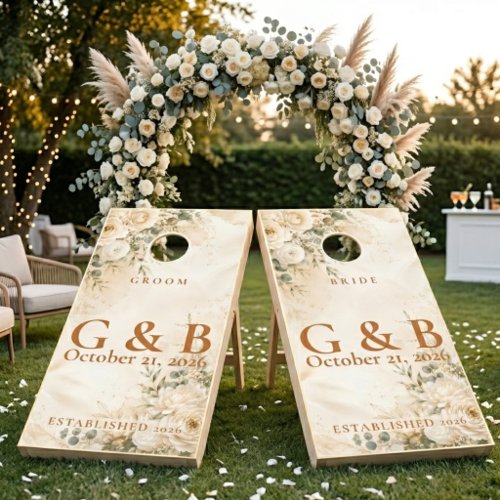 Elegant White Floral Wedding Personalized Cornhole Set