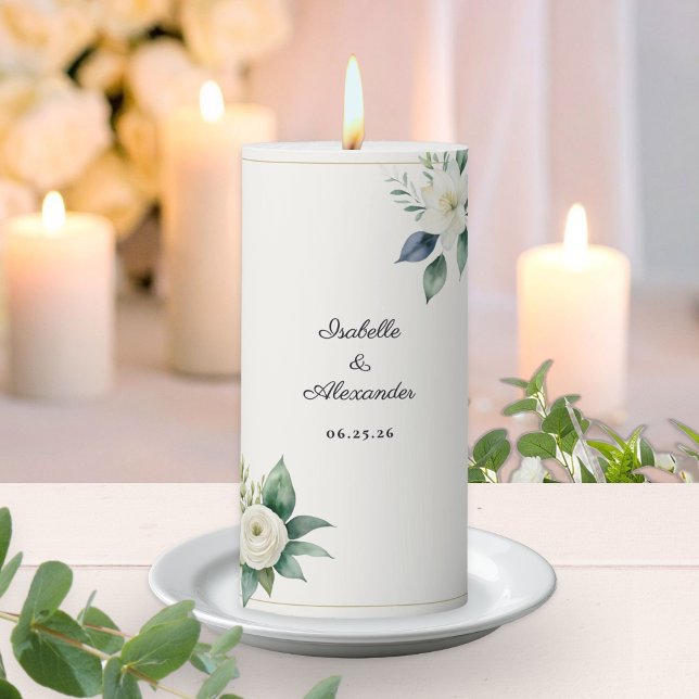 Elegant White Floral Wedding Pillar Candle (An elegant custom candle with white floral and greenery design, couple's names and wedding date)